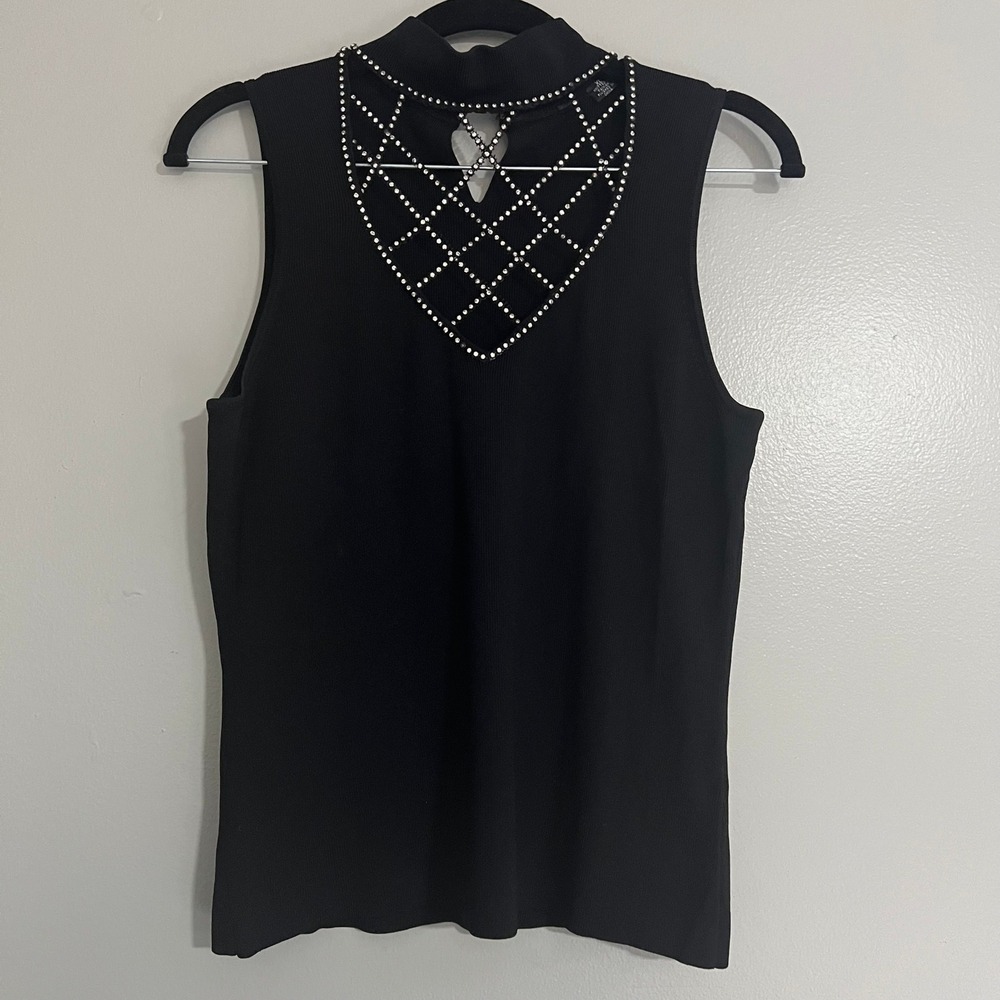 Black Sleeveless Mock Neck Knit Top‎ Rhinestone Lattice Keyhole Back XL glam y2k